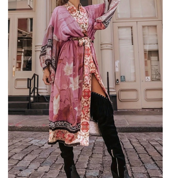 Boho Pink Floral Flamingo Print 3/4 Sleeve Belted Kimono Cover up - Picture 2 of 5